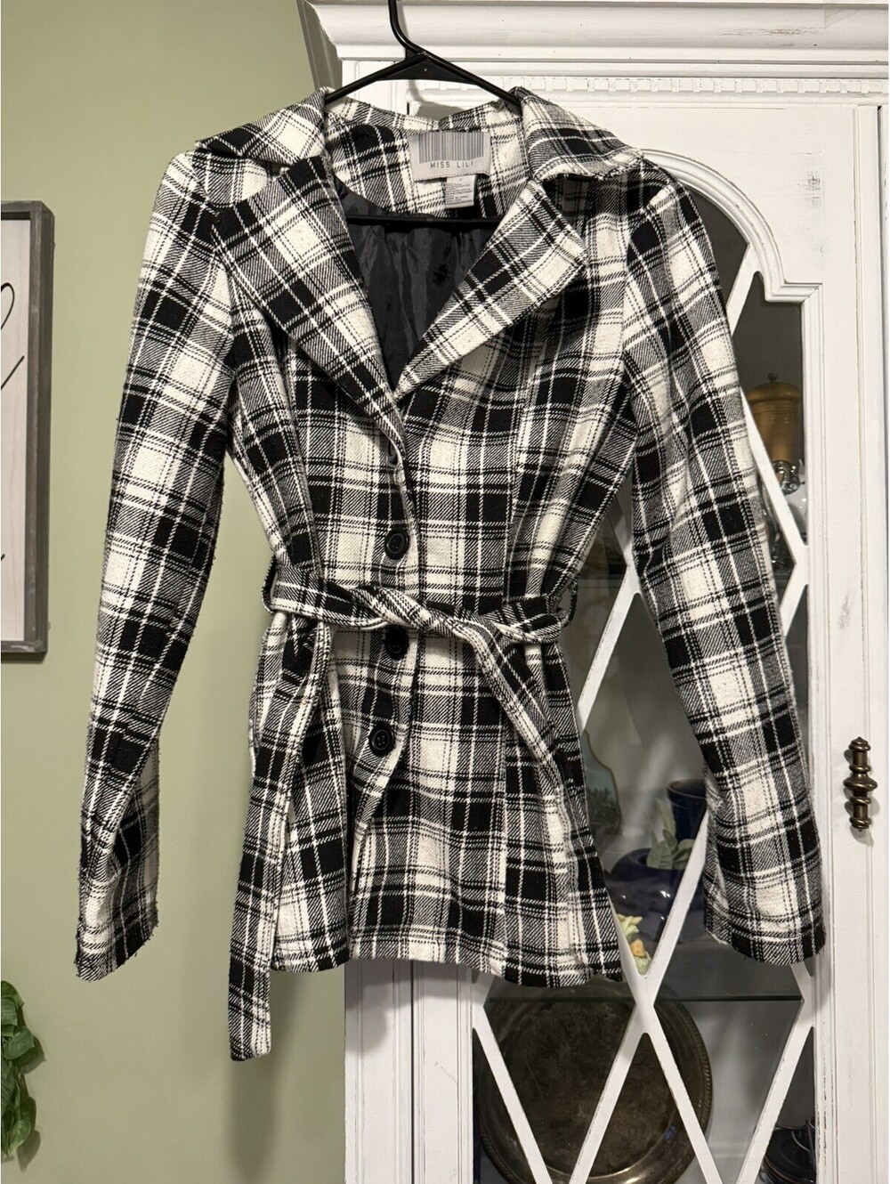 Black White Plaid Trench Coat Belted Button Lined Long Sleeve Women Sm